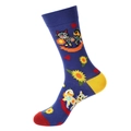 Navy blue crew socks with candy cat and sunflower prints for Day of the Dead festival - 1388-Deep Blue Sugar Cat