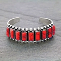 Vintage silver cuff bracelet with nine rectangular red turquoise stones in ethnic style - Rectangular Red Stone