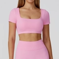 Roze naadloze yogaset met crop top met vierkante hals en legging met hoge taille - L / Bellen Roze