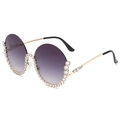 Occhiali da sole tondi oversize in metallo dorato con lenti viola sfumate e strass - Montatura con strass bianchi e lente grigia sfumata