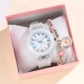 Leuchtende LED Einhorn Quarzuhr mit Perlenarmband in rosa Geschenkbox für Mädchen - Weiße Uhr + Armband