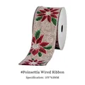 Christmas ribbon with red poinsettia and gold glitter spiral on textured white fabric - Poinsettia Pattern