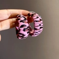 Close-up of pink leopard print hoop earrings with textured leather finish for women - 7# Silver Earring Post - Pink Round
