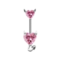 Dettaglio piercing ombelico diavolo con zirconi rosa a cuore, corna e coda in argento - Placcato oro bianco Zirconia rosa