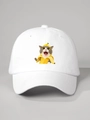 Detailopname van een witte katoenen baseballpet met een creatieve banaan kat meme print - Wit / Verstelbaar