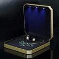 Champagne gold octagonal jewelry gift box with blue LED lights and black velvet interior - Large Set Box / Gold