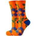 Vibrant orange crew socks with blue and yellow floral patterns in comfortable cotton blend - Size 35-42 / Orange Flower