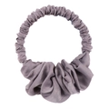 Detailed view of grey satin fabric bun maker scrunchie with smooth silk texture - Pure Grey