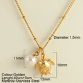 Golden stainless steel necklace with turtle and pearl pendant featuring detailed dimensions - Imitation Pearl + Turtle(25209)