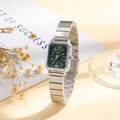 Detail of vintage square watch with green dial and silver bamboo link steel strap - Vintage Green Dial / Silver (HS2512-896-02)