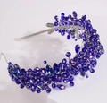 Detailed close-up of handmade bridal headband with deep blue crystal beads and silver wire - Blue