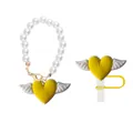Stanley cup straw accessory set with pearl chain and yellow winged heart pendant charm - Straw Cap + Pearl Chain / Set-Yellow