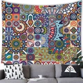 Detailed view of bohemian mandala tapestry hanging over a cozy grey sofa in a living room - 100x70cm / Style 12 (Rich Patchwork Mandala)