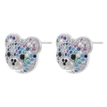 Detailed macro view of colorful rhinestone bear stud earrings in a symmetrical layout - Bear Head / Silver Colorful Zirconia