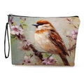Rechteckige Kosmetiktasche mit Vogel- und Kirschblütenmuster und schwarzer Trageschlaufe - Künstlerischer Sperlingsdruck / 17*25cm (Mit Gurtbandgriff)