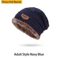 Men's navy blue cable knit beanie with warm fleece lining and leather patch detail - Hat Only / Navy Blue