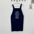 Detail of dark canvas apron with bold Good Food Is Good Mood white printed text - Navy Blue - GOOD FOOD GOOD MOOD Print
