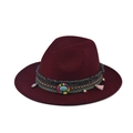 Wine red wool fedora hat with bohemian ethnic ribbon and turquoise stone detail - 25-Wine Red