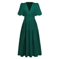 Elegant deep green summer maxi dress with V-neckline and puff sleeves in high waist design - S / Green