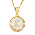 Golden shell necklace with letter K round pendant and minimalist beaded chain design - Gold Letter K