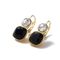 Golden titanium steel earrings with round clear crystal and square black gemstone - White + Black