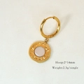Detailed close-up of 14K gold hoop earrings with white stone and 2x14mm size specs - Round Shell