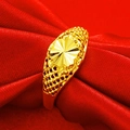 Golden flower ring with hollow textured band on red silk fabric background - Hollow Flower Style (J111515)