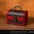 Vintage red wooden jewelry box with antique metal handle and Chinese coin pattern - Copper Coin Handle Style - Unlocked