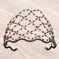 Detailed close-up of woven mesh headband with reddish-brown beads and dark rhinestones - Red