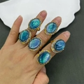 Vintage style 6-piece ring set featuring a large blue-green faux opal gem in gold finish - K-0897 Cyan Iridescent Ring