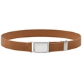 Detail of a brown elastic kids belt with silver magnetic buckle on white background - Camel
