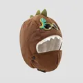 Detail of brown corduroy kids dinosaur hat with warm white fleece lining and eye protection - Dark Coffee