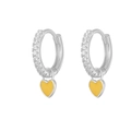 Detail of silver heart earrings with yellow enamel finish and sparkling zircon stones - Silver - Yellow