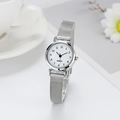 Elegant silver quartz watch with a white dial and mesh strap on a minimalist background - White Face Mesh Strap
