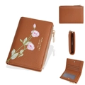 Brown BAellerry bifold short wallet for women with pink floral embroidery and zipper - Brown