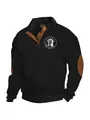 Men's black knit pullover featuring brown suede elbow patches and a three-button collar - S / Tops / Black (Pattern 3)
