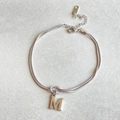 Silver stainless steel snake chain bracelet with knotted detail and 'M' letter pendant - Silver-M
