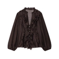 Dark brown sheer long-sleeve blouse with ruffles and button detail in loose fit - XS / Dark Brown