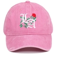 Detailed embroidery of gothic LA letters and red rose on pink washed cotton baseball cap - Pink
