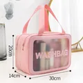Large pink waterproof PU leather wash bag with double handles and Washbag print - Double Layer Large - Dry Wet Separation / Pink