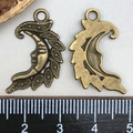 Brass crescent moon charms with face engraving and hollow outline shown with ruler - Antique Bronze Moon Pendant (16x27mm)