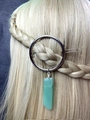 Detail of silver round hair clip with light green crystal pendant on blonde braided hair - Aventurine Round Hair Slide
