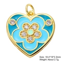 Detail of blue enamel heart pendant with flower zircon inlay and size dimensions - Blue Enamel Flower Style