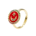 Adjustable gold star and moon open ring with red enamel and colorful zircons - Adjustable Open / Red