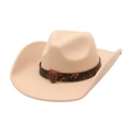 Classic beige western felt cowboy hat featuring a brown leopard head metal buckle band - Beige (With Leopard Band)