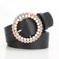 Women's black leather belt with rhinestone and pearl encrusted round metal buckle - Black