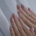 Long oval press-on nails in elegant nude pearlescent finish for a classic French style - Nude Pearl Oval Style (XA-52-07)