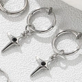 Silver titanium steel hoop earrings with black gemstone star pendants in cool style - PG0540 Starburst Clip-on / Silver