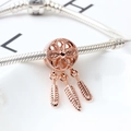Rose gold dreamcatcher bead charm with three delicate feathers on a silver bracelet - Copper Dreamcatcher-Rose Gold