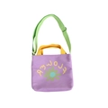 Purple canvas kids handbag with yellow handles and flower print on white background - Purple